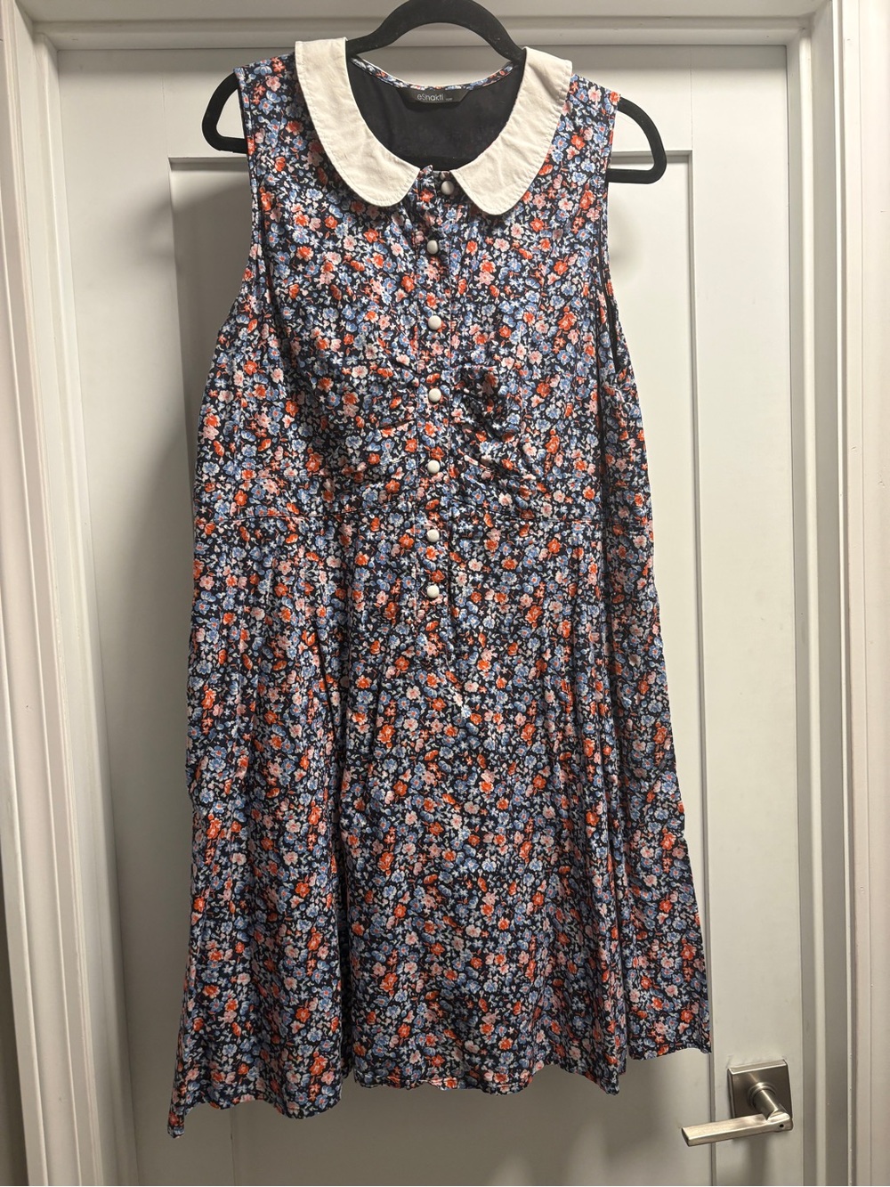 eshakti Navy Floral Sleeveless Dress with White Peter Pan Collar